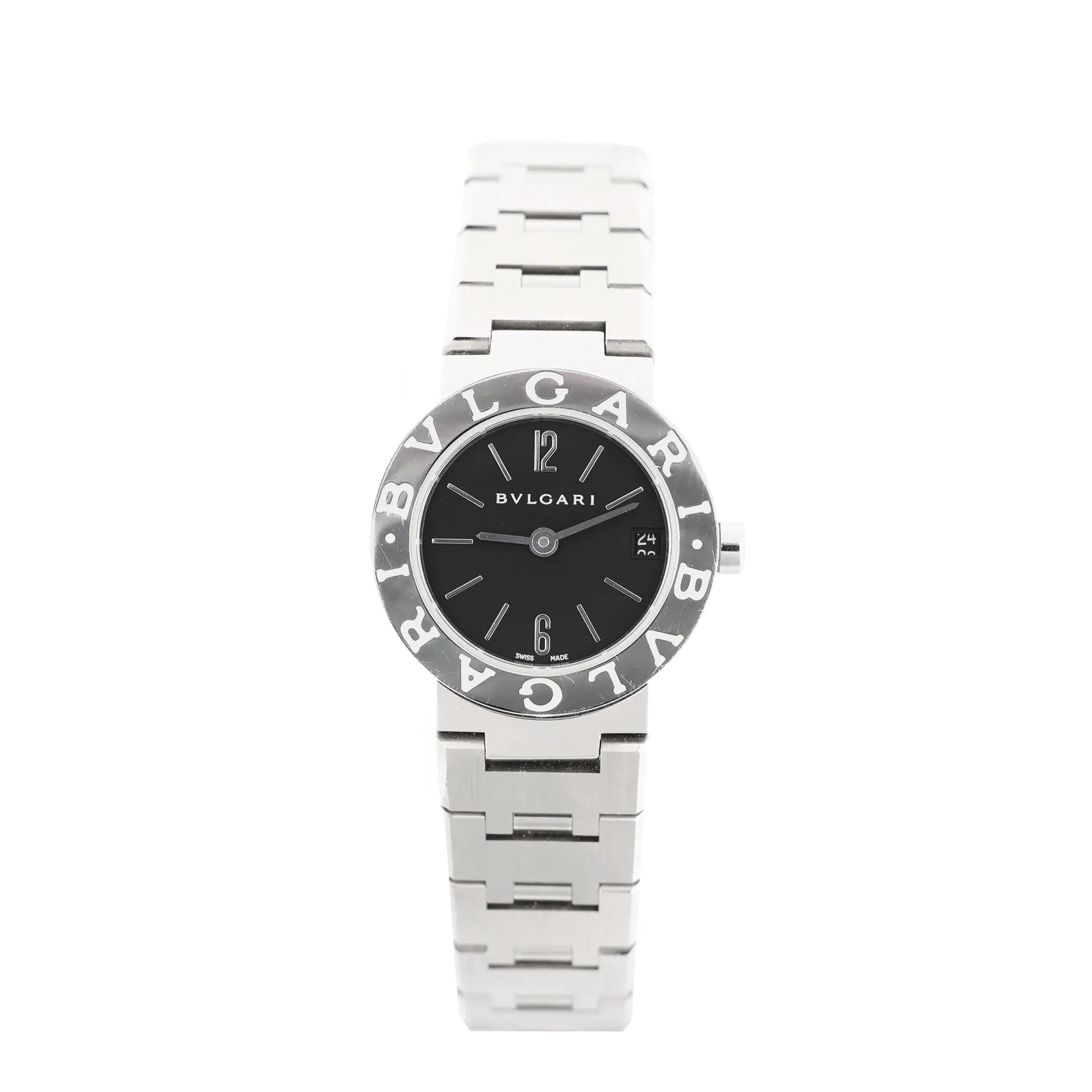 Bvlgari BB23SS L388604 stainless steel quartz watch with black dial, minimalist hour markers, and signature Bvlgari Bvlgari engraved bezel.