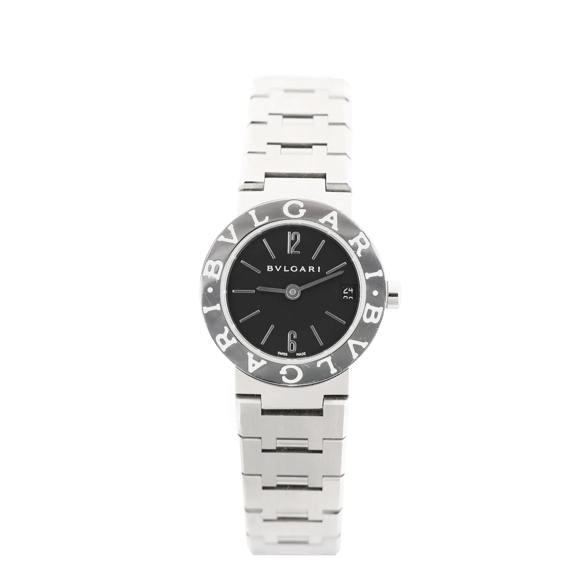 Bvlgari BB23SS L388604 stainless steel quartz watch with black dial, minimalist hour markers, and signature Bvlgari Bvlgari engraved bezel.