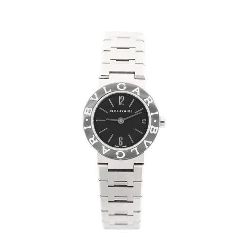 Bvlgari BB23SS L388604 stainless steel quartz watch with black dial, minimalist hour markers, and signature Bvlgari Bvlgari engraved bezel.