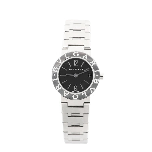Bvlgari BB23SS L388604 stainless steel quartz watch with black dial, minimalist hour markers, and signature Bvlgari Bvlgari engraved bezel.