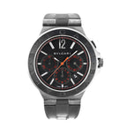 Front view of a Bvlgari Diagono DG42BSCCH watch with a black dial, red chronograph sub-dials, stainless steel case, and black rubber strap. Features include a date window and silver-tone hour markers.