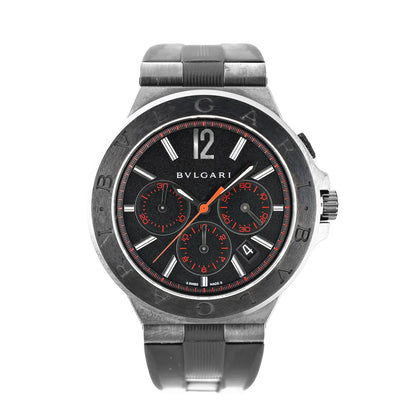 Front view of a Bvlgari Diagono DG42BSCCH watch with a black dial, red chronograph sub-dials, stainless steel case, and black rubber strap. Features include a date window and silver-tone hour markers.