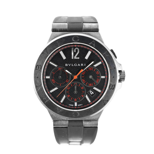 Front view of a Bvlgari Diagono DG42BSCCH watch with a black dial, red chronograph sub-dials, stainless steel case, and black rubber strap. Features include a date window and silver-tone hour markers.