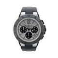 Bvlgari Diagono Magnesium watch with BVLGARI bezel, silver dial, black chronograph subdials, date window and black rubber strap.