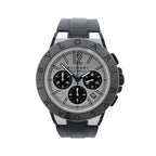 Bvlgari Diagono Magnesium watch with BVLGARI bezel, silver dial, black chronograph subdials, date window and black rubber strap.