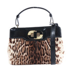 Bvlgari Isabella Rossellini leopard-print calf hair handbag with black leather trim, gold-tone oval clasp and shoulder strap.