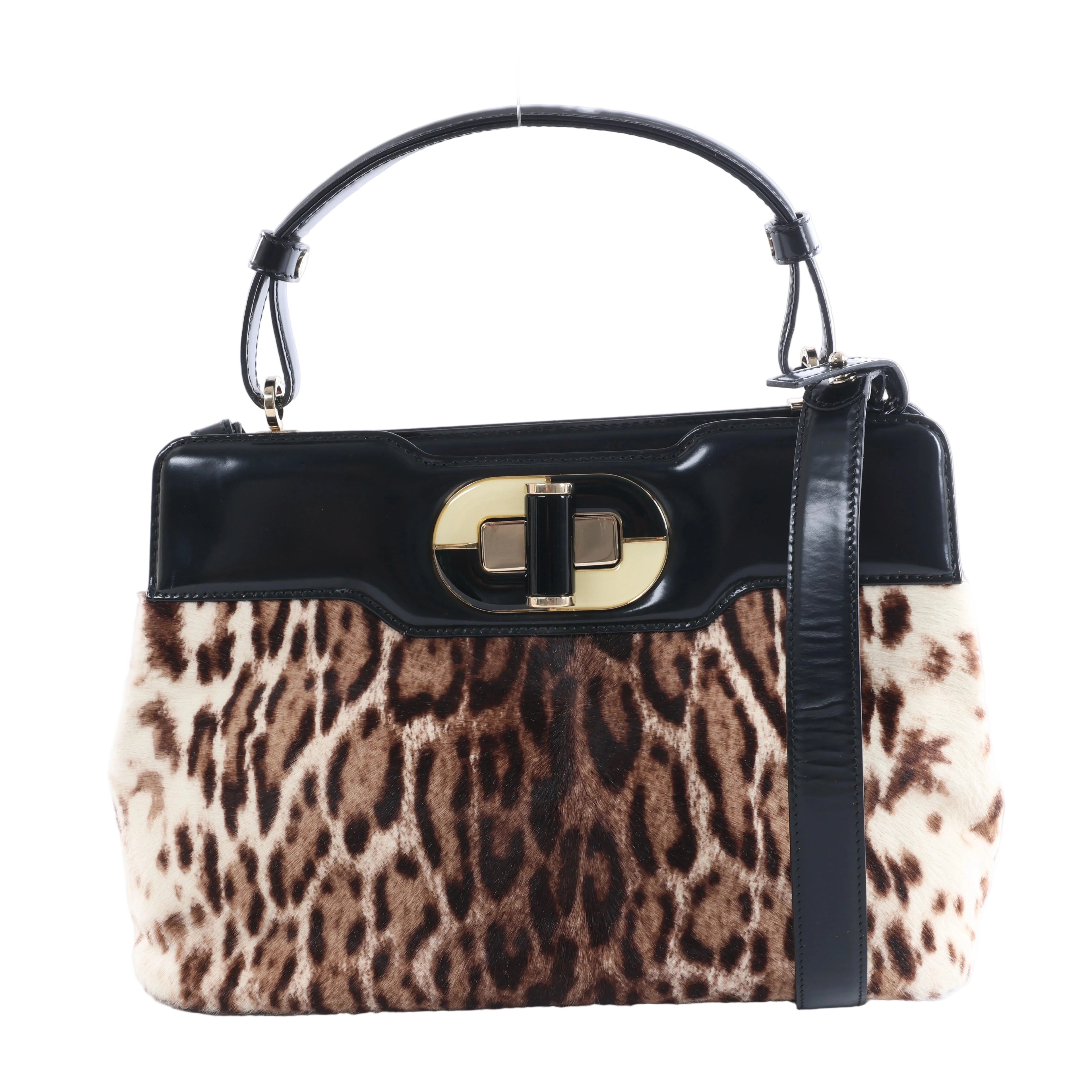 Bvlgari Isabella Rossellini leopard-print calf hair handbag with black leather trim, gold-tone oval clasp and shoulder strap.