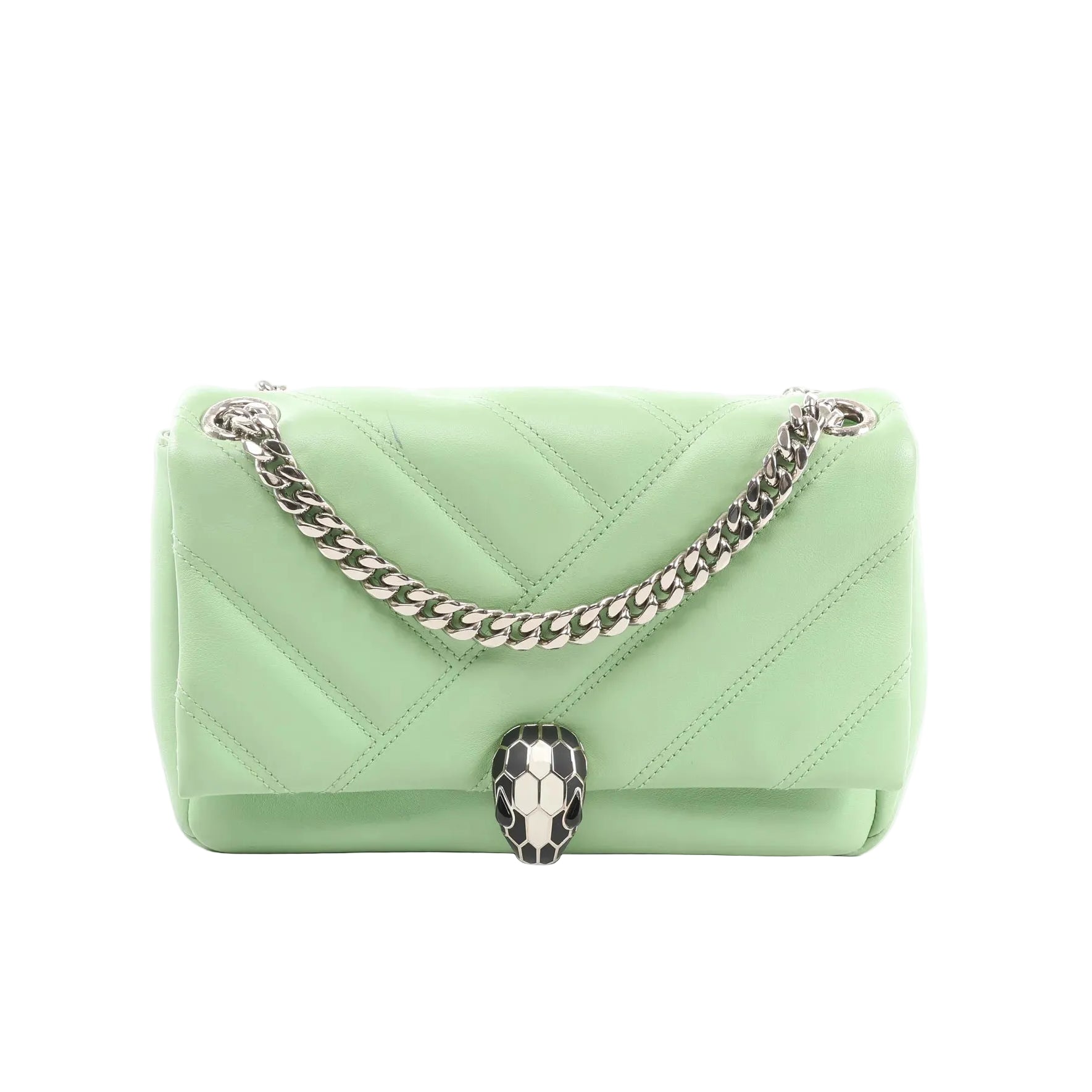 BVLGARI Serpenti Cabochon crossbody bag in light green quilted leather with silver-tone chain strap and black-and-white Serpenti snakehead clasp, front view on white background.