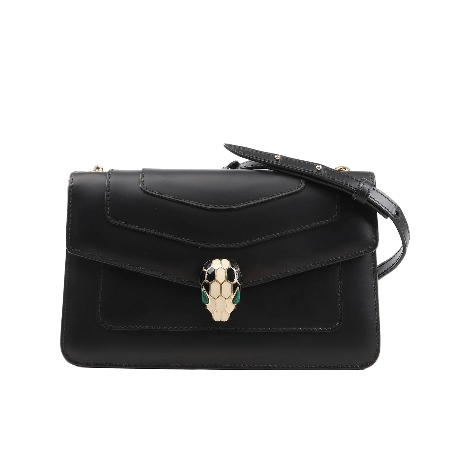BVLGARI Serpenti Forever chain shoulder bag in black calf leather, featuring a structured silhouette with flap closure, signature enamel Serpenti head clasp in black, white, and green, and a partially visible gold-tone chain strap, set against a white background.