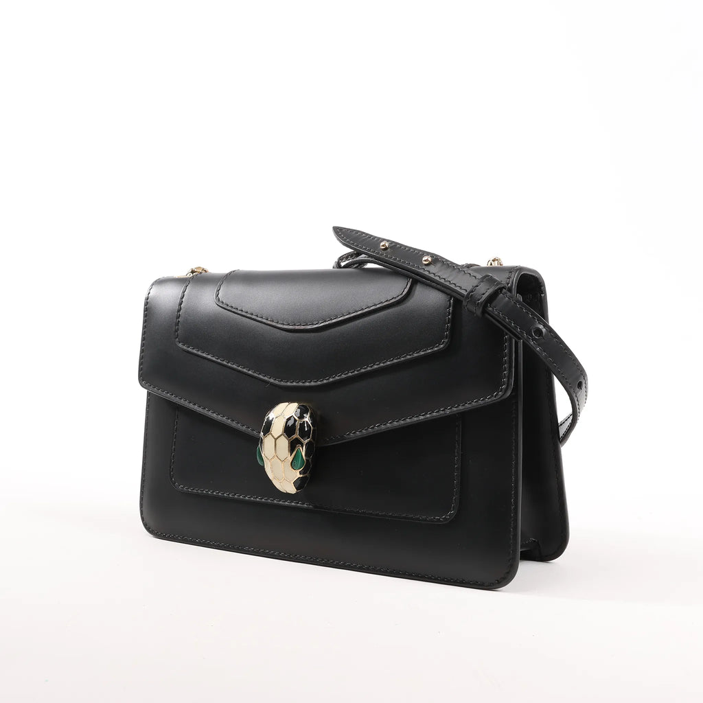 BVLGARI Serpenti Forever Leather Chain Shoulder Bag in Black