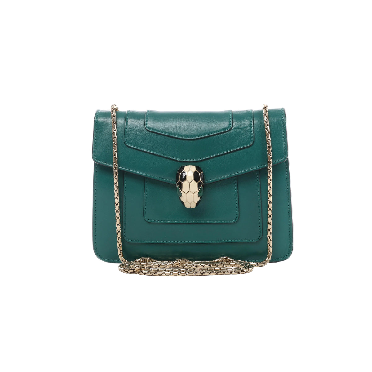 Green Bvlgari Serpenti Forever leather shoulder bag with layered flap front, gold-tone chain strap and signature serpent-head clasp.