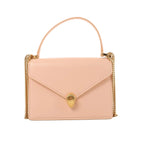 Powder beige BVLGARI Serpenti Forever leather chain crossbody with envelope flap, gold Serpenti head clasp, gold chain sides, and top handle on white background