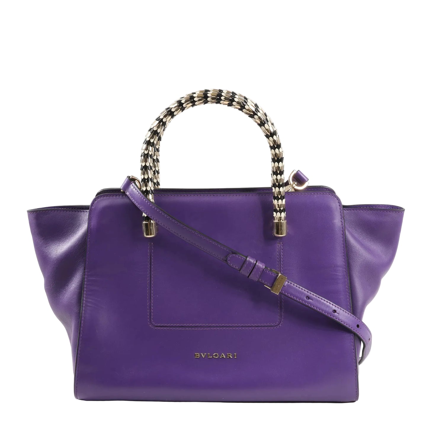 BVLGARI Serpenti 2Way handbag in vibrant purple leather featuring black and white serpent-patterned top handles, gold-tone hardware, and a detachable shoulder strap.