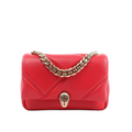 Red BVLGARI Serpenti leather crossbody bag with gold-tone chain strap, stitched flap design, and Serpenti head clasp, front view on white background.