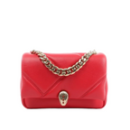 Red BVLGARI Serpenti leather crossbody bag with gold-tone chain strap, stitched flap design, and Serpenti head clasp, front view on white background.