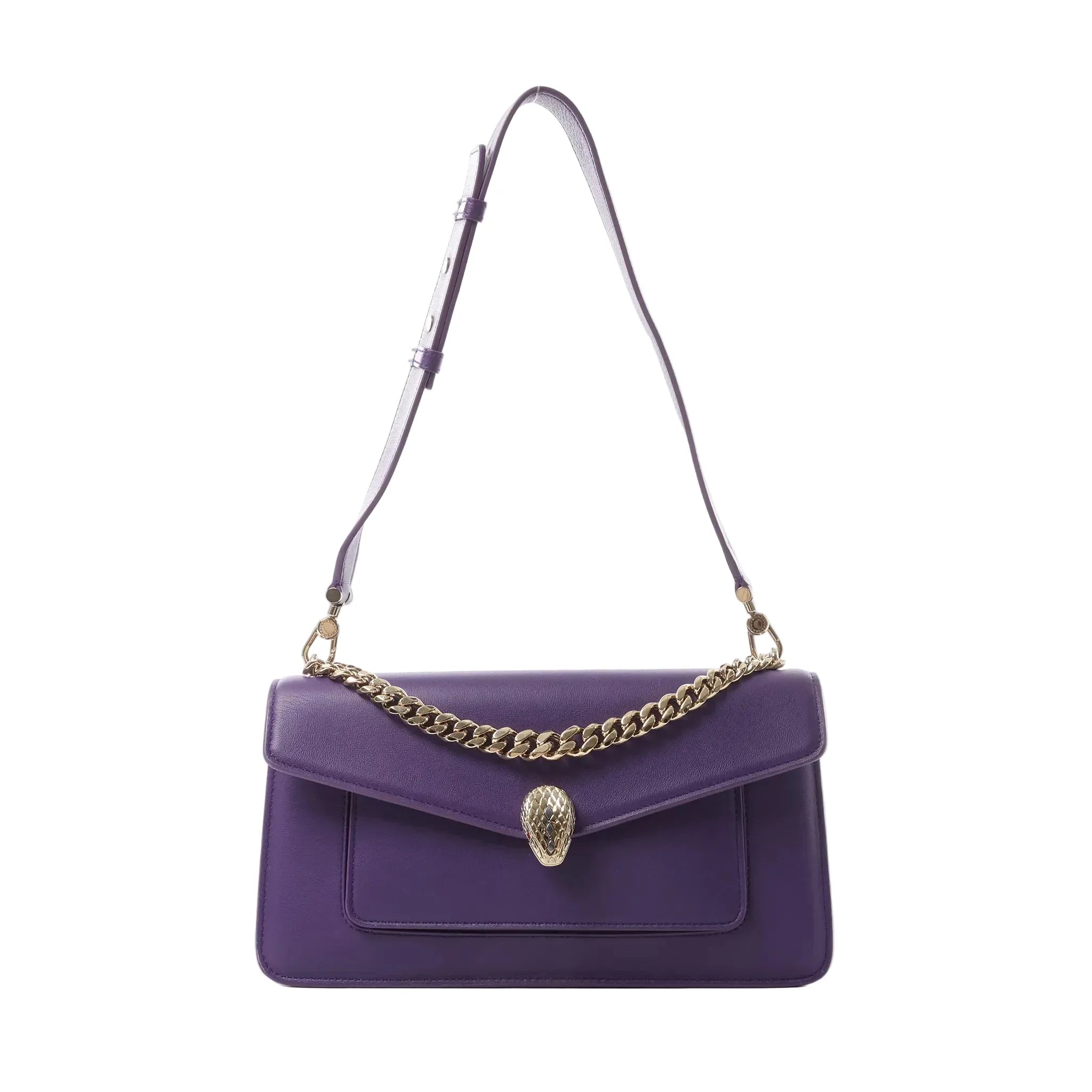 Bvlgari Serpenti purple leather shoulder bag with gold-tone chain detail and snake head clasp, shown with long adjustable strap on white background.