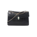 Black leather BVLGARI Serpenti flap bag with gold-tone chain strap and Serpenti head clasp on white background.