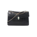 Black leather BVLGARI Serpenti flap bag with gold-tone chain strap and Serpenti head clasp on white background.