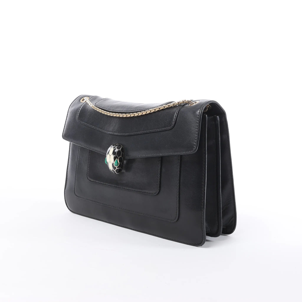 BVLGARI Serpenti Leather Chain Crossbody Bag in Black