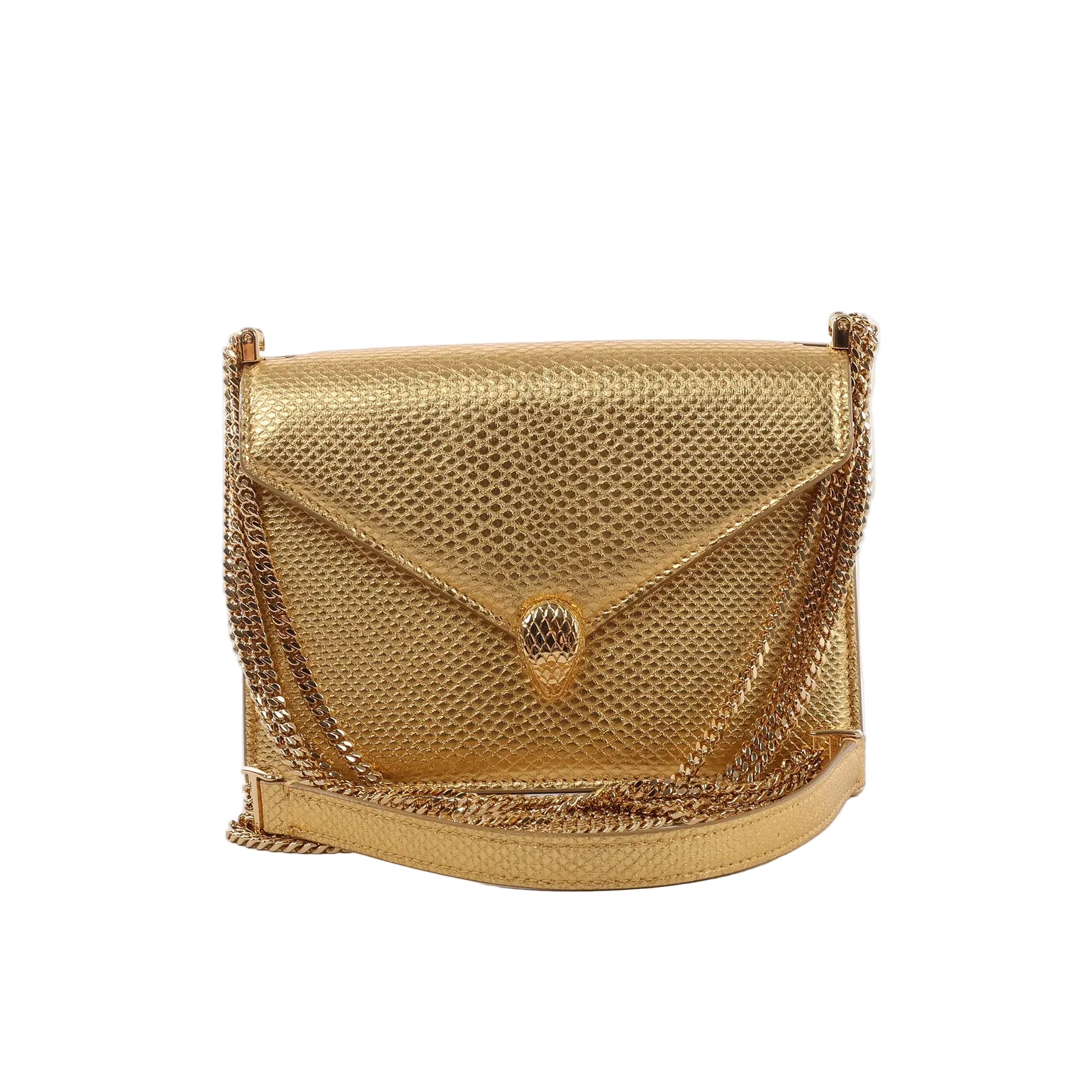 BVLGARI Serpenti gold textured leather crossbody bag with flap closure, snakehead clasp, and gold chain strap on a white background.