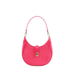Hot pink leather BVLGARI Serpenti shoulder bag with curved silhouette, adjustable strap, and gold-tone serpent-head clasp on a white background.