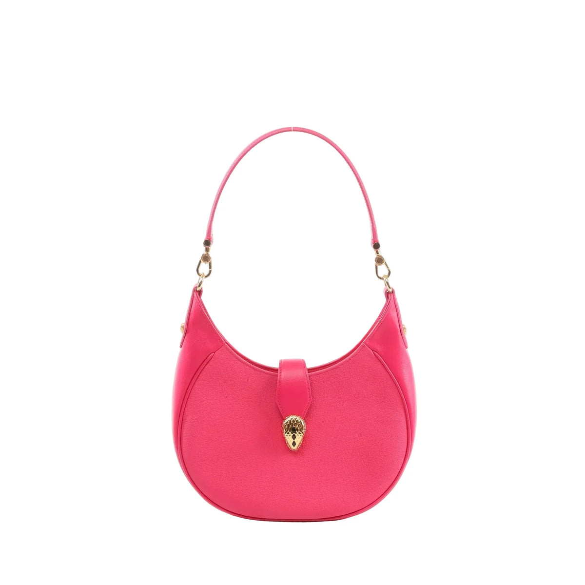 Hot pink leather BVLGARI Serpenti shoulder bag with curved silhouette, adjustable strap, and gold-tone serpent-head clasp on a white background.