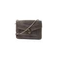 BVLGARI Serpenti gray glitter leather crossbody bag with gold-tone chain strap and black-and-gold serpent head clasp, front view on a white background.