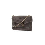 BVLGARI Serpenti gray glitter leather crossbody bag with gold-tone chain strap and black-and-gold serpent head clasp, front view on a white background.