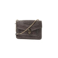 BVLGARI Serpenti gray glitter leather crossbody bag with gold-tone chain strap and black-and-gold serpent head clasp, front view on a white background.