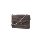 BVLGARI Serpenti gray glitter leather crossbody bag with gold-tone chain strap and black-and-gold serpent head clasp, front view on a white background.