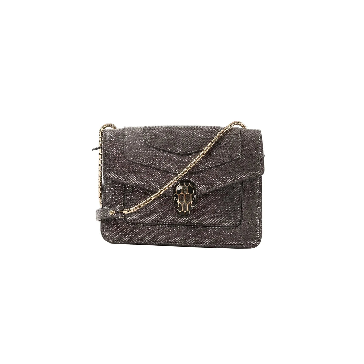 BVLGARI Serpenti gray glitter leather crossbody bag with gold-tone chain strap and black-and-gold serpent head clasp, front view on a white background.