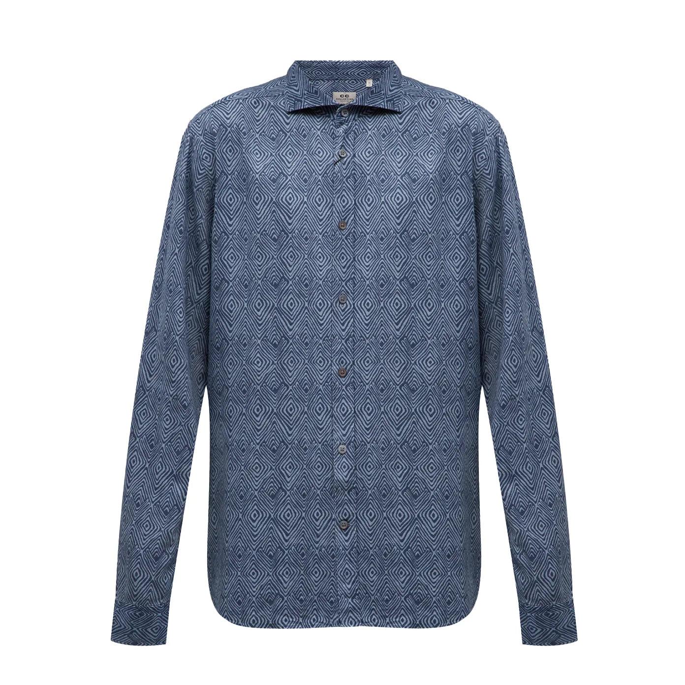 CC Collection Corneliani long-sleeve shirt in dark blue with an all-over diamond geometric pattern, button-up front, and classic collar, displayed flat against a white background, Size 40 IT.