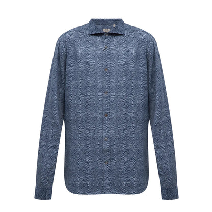 CC Collection Corneliani long-sleeve shirt in dark blue with an all-over diamond geometric pattern, button-up front, and classic collar, displayed flat against a white background, Size 40 IT.