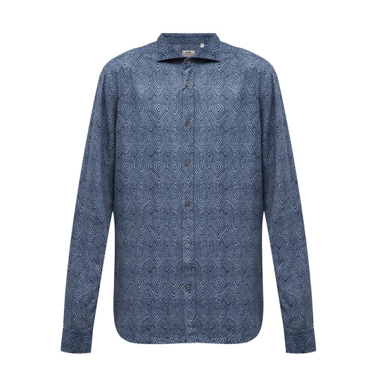 CC Collection Corneliani long-sleeve shirt in dark blue with an all-over diamond geometric pattern, button-up front, and classic collar, displayed flat against a white background, Size 40 IT.