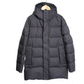 CC Collection Corneliani Down Quilted Puffer Coat in black featuring a hood, horizontal padded quilting, front zip closure with placket, and side pockets, displayed on a hanger against a light background.