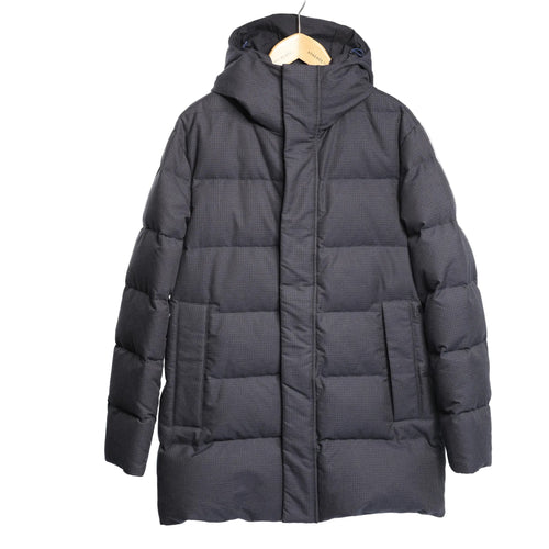 CC Collection Corneliani Down Quilted Puffer Coat in black featuring a hood, horizontal padded quilting, front zip closure with placket, and side pockets, displayed on a hanger against a light background.