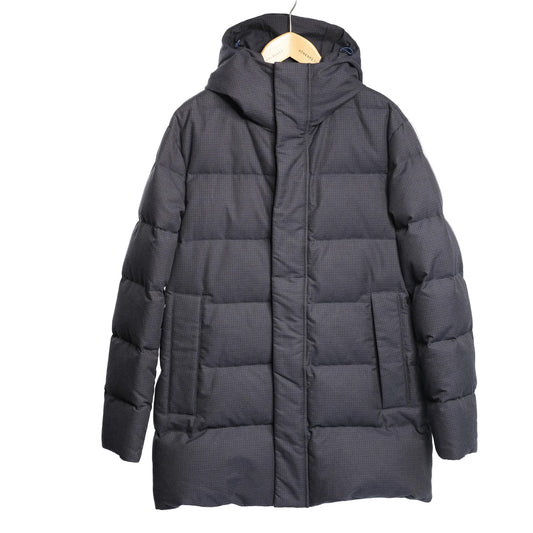 CC Collection Corneliani Down Quilted Puffer Coat in black featuring a hood, horizontal padded quilting, front zip closure with placket, and side pockets, displayed on a hanger against a light background.
