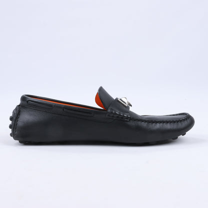 HERMES Irving Leather Driving Moccasins in Black Collier de Chien for Men, Size 42 EU