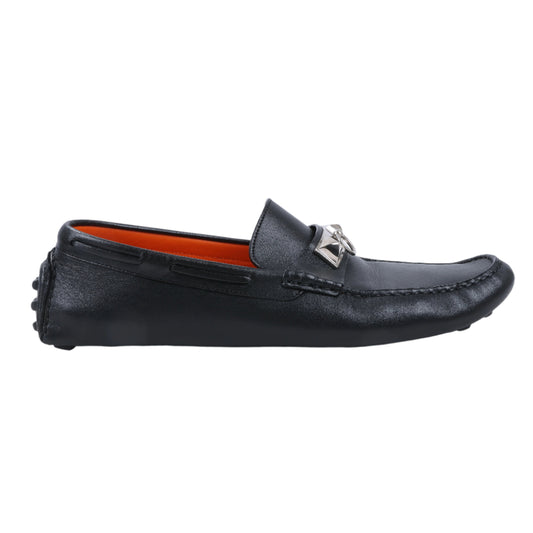 HERMES Irving Leather Driving Moccasins in Black Collier de Chien for Men, Size 42 EU