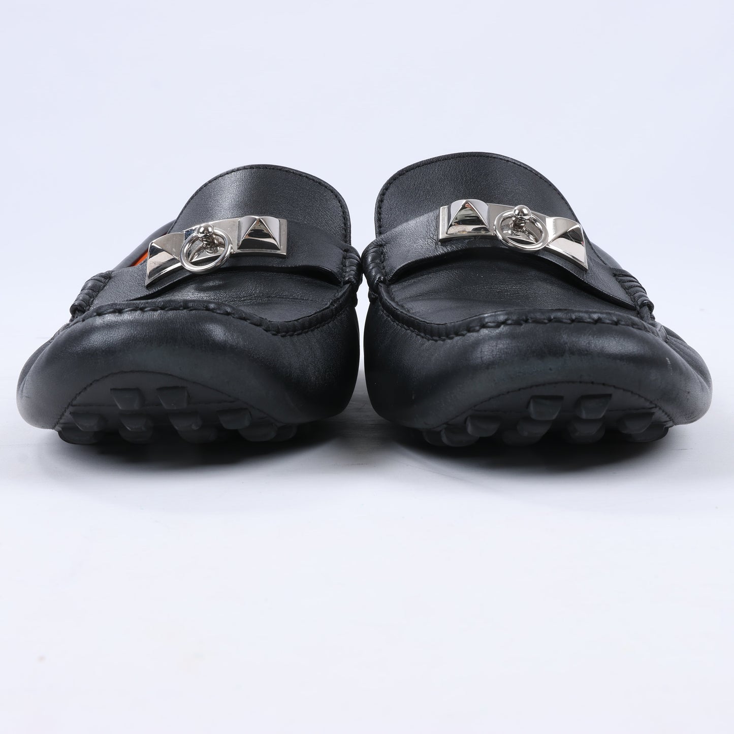 HERMES Irving Leather Driving Moccasins in Black Collier de Chien for Men, Size 42 EU