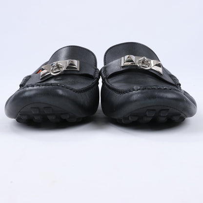HERMES Irving Leather Driving Moccasins in Black Collier de Chien for Men, Size 42 EU