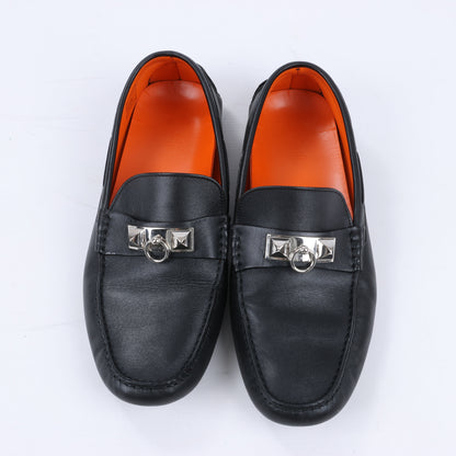 HERMES Irving Leather Driving Moccasins in Black Collier de Chien for Men, Size 42 EU