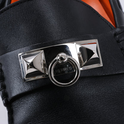 HERMES Irving Leather Driving Moccasins in Black Collier de Chien for Men, Size 42 EU