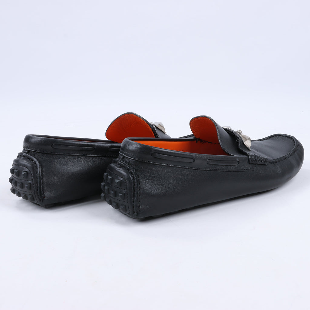 HERMES Irving Leather Driving Moccasins in Black Collier de Chien for Men, Size 42 EU