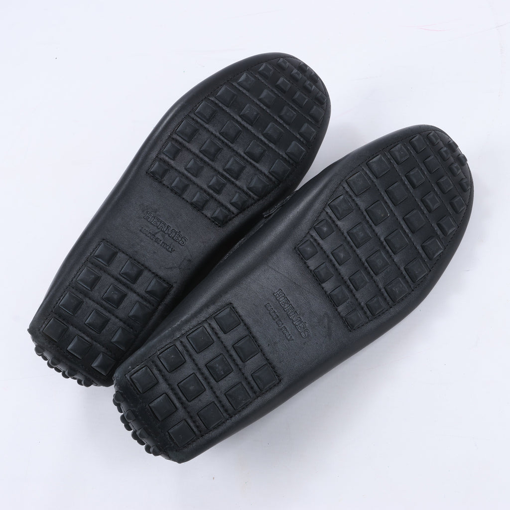 HERMES Irving Leather Driving Moccasins in Black Collier de Chien for Men, Size 42 EU