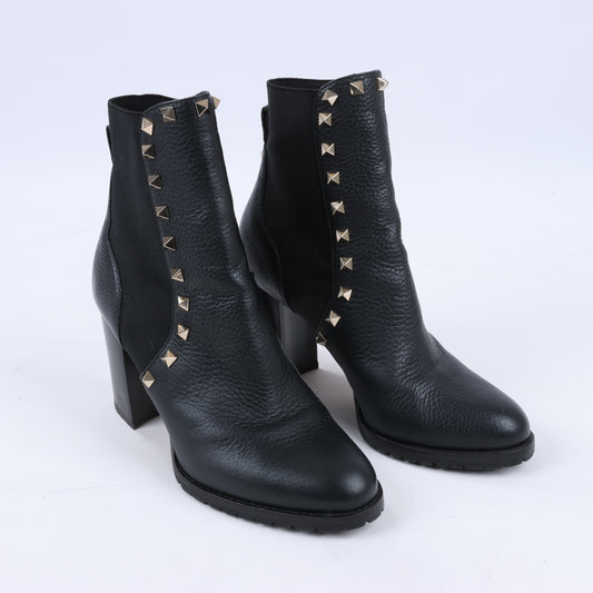 Valentino Garavani Rockstuds Leather Side Gore Boots in Black, Size 37.5 EU