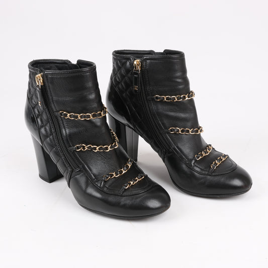 CHANEL Coco Mark Matelasse Leather & Patent Short Boots in Black G33028, Size 38 EU
