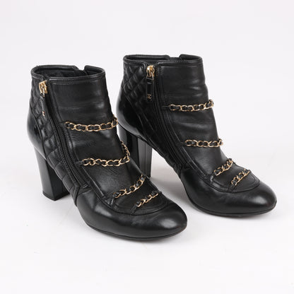 CHANEL Coco Mark Matelasse Leather & Patent Short Boots in Black G33028, Size 38 EU