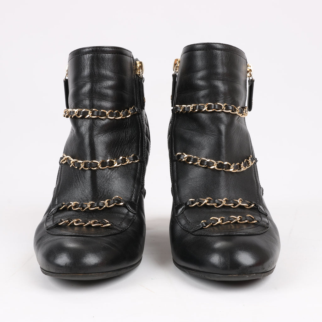 CHANEL Coco Mark Matelasse Leather & Patent Short Boots in Black G33028, Size 38 EU