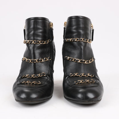 CHANEL Coco Mark Matelasse Leather & Patent Short Boots in Black G33028, Size 38 EU